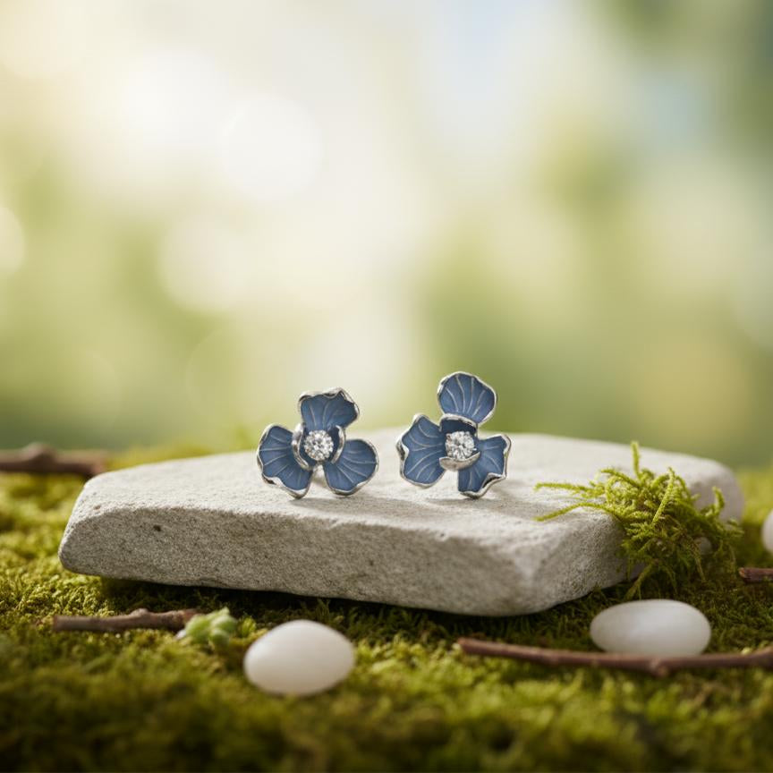 Blue Enamel Blossom Stud Earrings