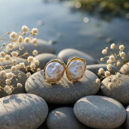 Baroque Pearl Gold-Edged Stud Earrings