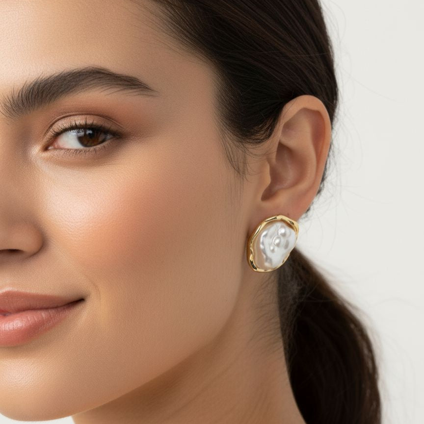 Baroque Pearl Gold-Edged Stud Earrings