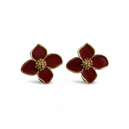 Crimson Blossom Enamel Flower Stud Earrings