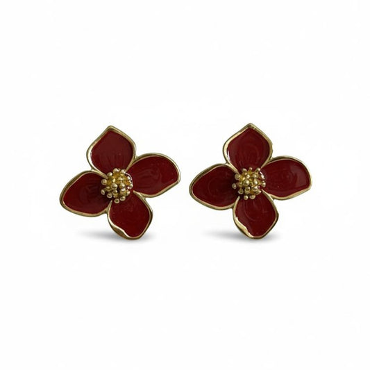 Crimson Blossom Enamel Flower Stud Earrings