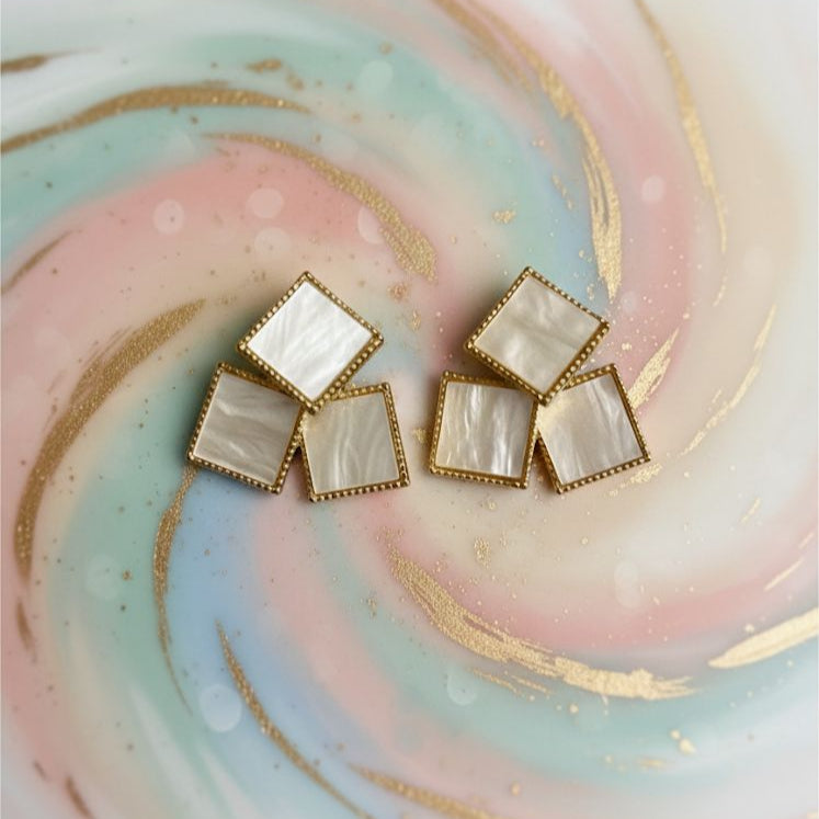 Golden Mosaic Mother of Pearl Stud Earrings