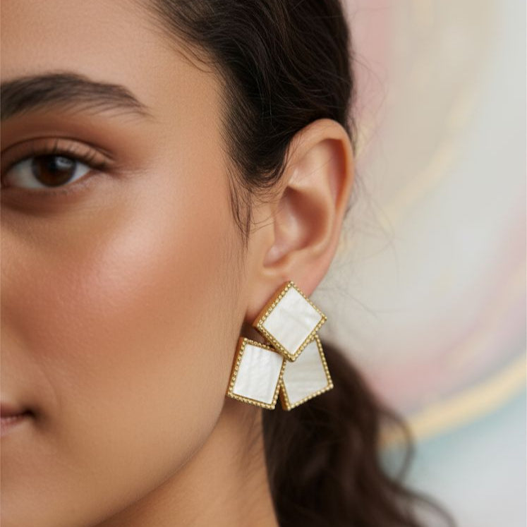Golden Mosaic Mother of Pearl Stud Earrings
