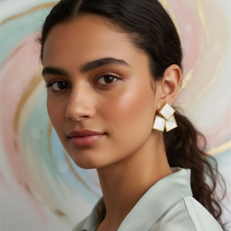 Golden Mosaic Mother of Pearl Stud Earrings