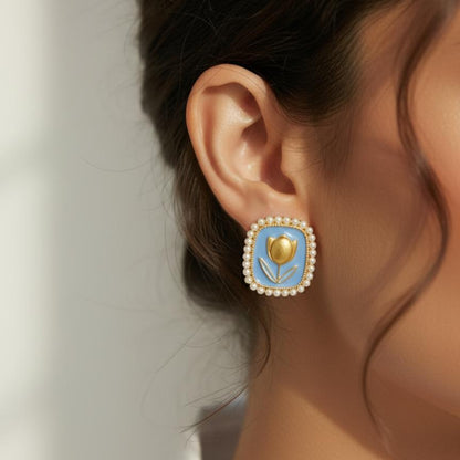 Blue Enamel Tulip Pearl Stud Earrings
