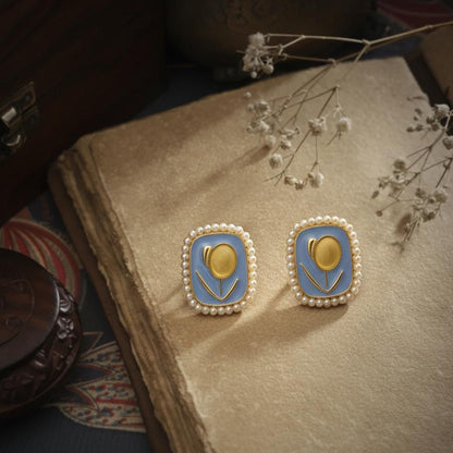 Blue Enamel Tulip Pearl Stud Earrings