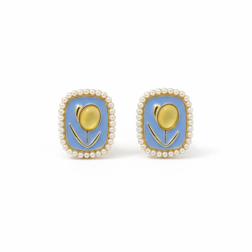 Blue Enamel Tulip Pearl Stud Earrings