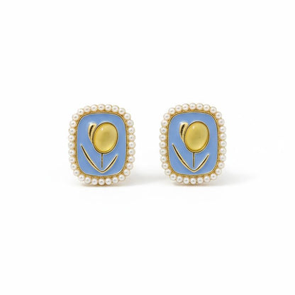 Blue Enamel Tulip Pearl Stud Earrings