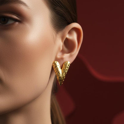 Textured Heart-Shaped Gold Stud Earrings