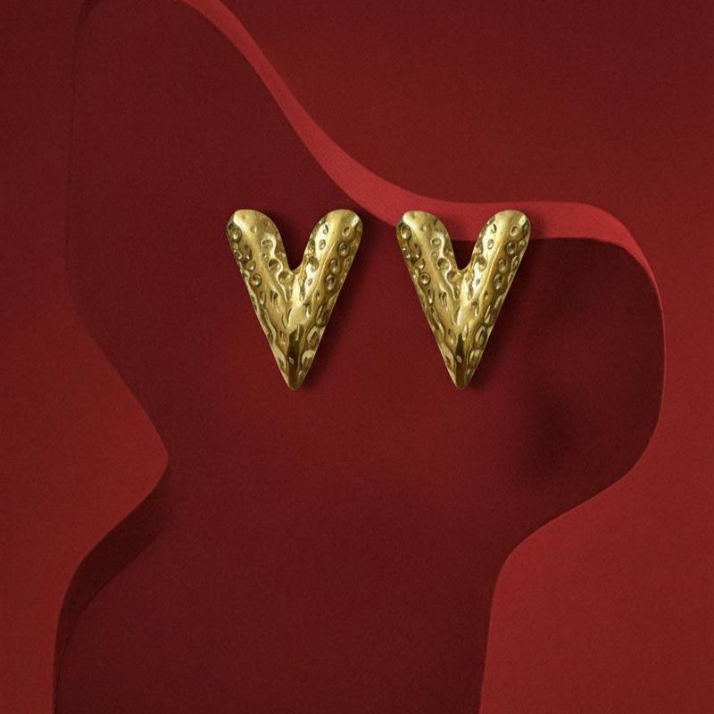 Textured Heart-Shaped Gold Stud Earrings