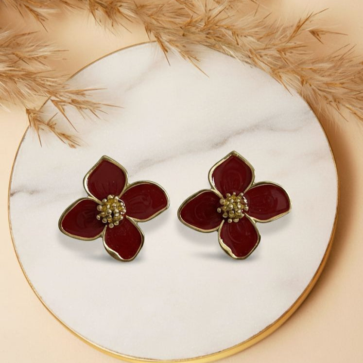 Crimson Blossom Enamel Flower Stud Earrings