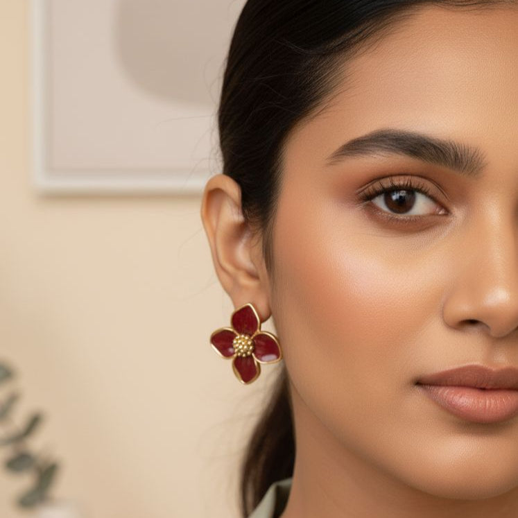 Crimson Blossom Enamel Flower Stud Earrings